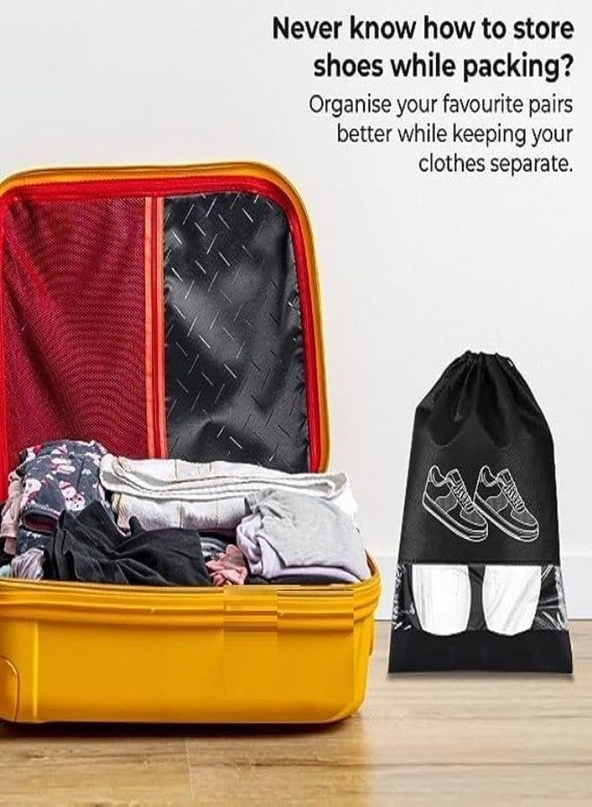 KUDIZE حقيبة أحذية برباط من KUDIZE، أكياس غير منسوجة للاستخدام مرة واحدة، نافذة شفافة لتخزين الأحذية، حقيبة أحذية للسفر والغسيل، حقيبة أحذية للنساء والرجال، مستلزمات السفر الأساسية (أسود، عبوة من 48 كيسًا) - Image 4